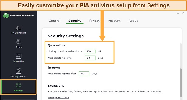Screenshot of PIA Antivirus security settings showing customizable setup options