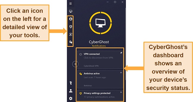 Screenshot of CyberGhost Security Suite dashboard