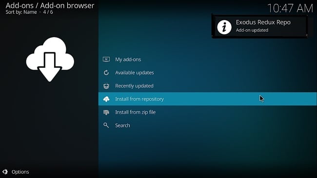 Kodi's Add-ons menu showing an 