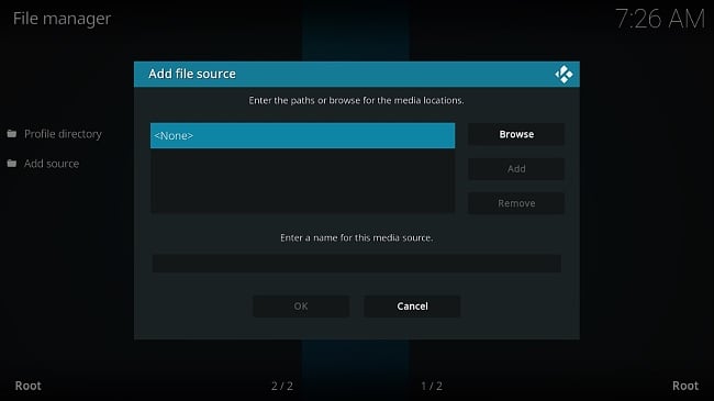 Screenshot of Kodi file source popup