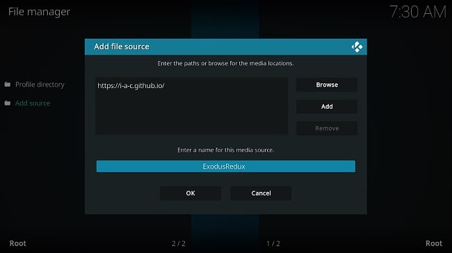 Screenshot of Kodi file source with repository name