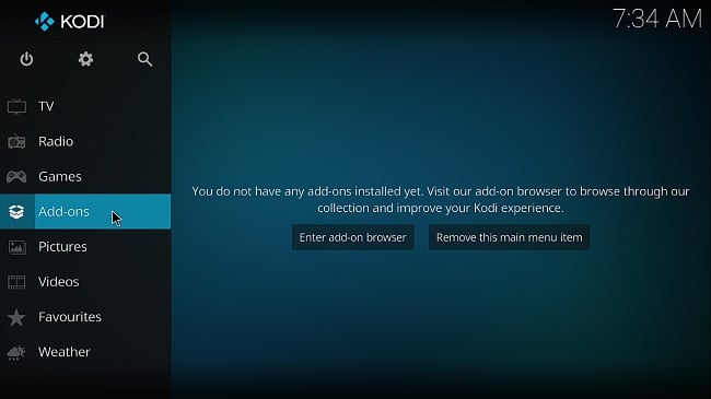 Screenshot of Kodi home screen