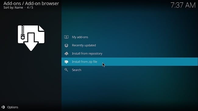 Screenshot of installation options on Kodi