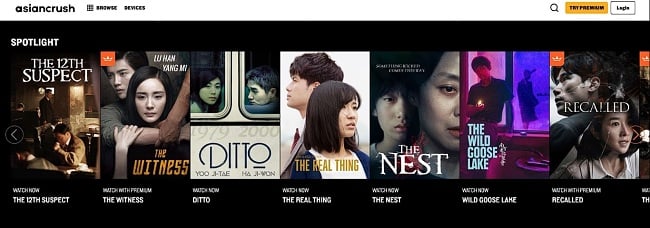 Screenshot of the AsianCrush homepage showing Korean drama shows