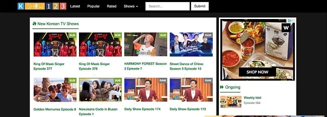 Capture d'écran de la page d'accueil de Kshow123 montrant des émissions dramatiques coréennes