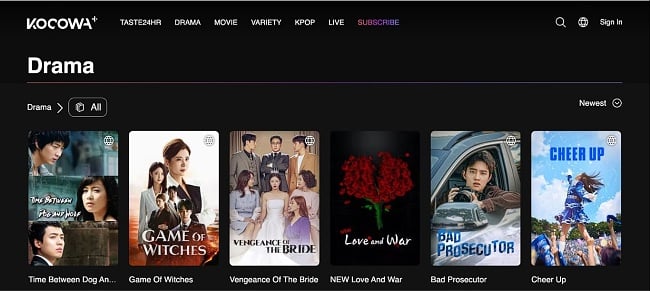 Screenshot of the KOCOWA homepage showing Korean drama shows