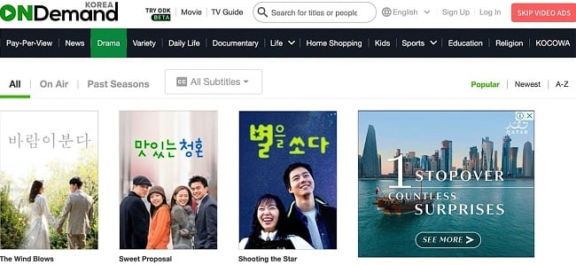 Capture d'écran de la page d'accueil OnDemandKorea montrant des émissions dramatiques coréennes