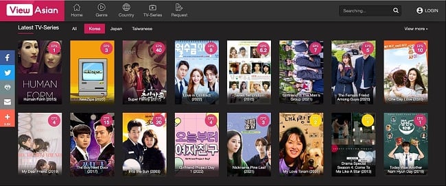 Capture d'écran de la page d'accueil de ViewAsian montrant des émissions dramatiques coréennes