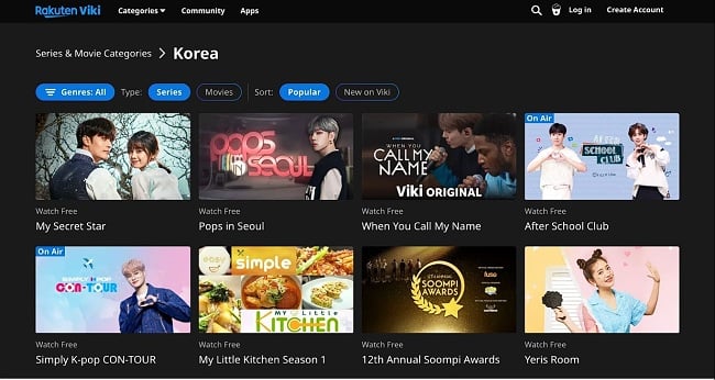Capture d'écran de la page d'accueil de Rakuten Viki montrant des séries dramatiques coréennes