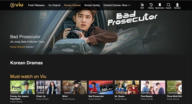 Capture d'écran de la page d'accueil Viu montrant des émissions dramatiques coréennes