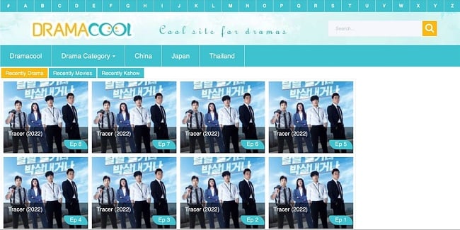 Capture d'écran de la page d'accueil de Dramacool montrant des émissions dramatiques coréennes