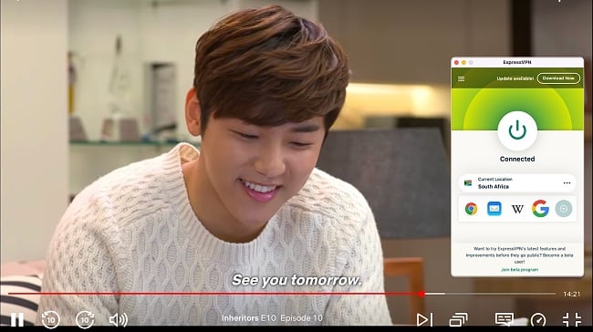 Screenshot of The Inheritors (Heirs) playing on Netflix while ExpressVPN is connected to a server in South Africa