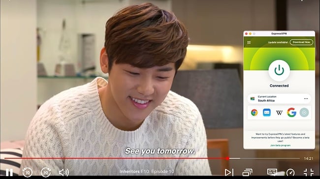 Screenshot von The Inheritors (Heirs), das auf Netflix abgespielt wird, während ExpressVPN mit einem Server in Südafrika verbunden ist