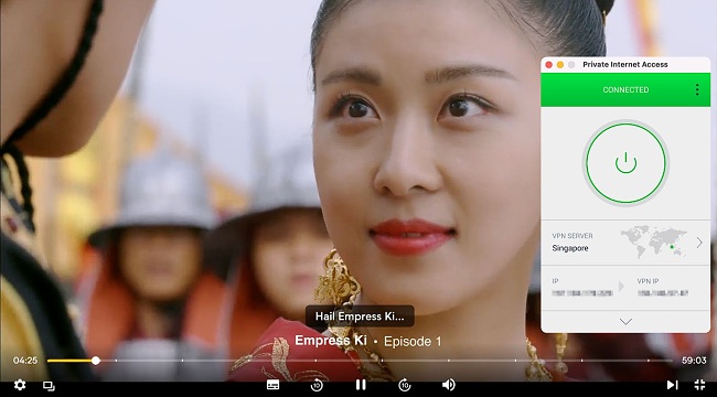 Capture d'écran de l'impératrice Ki jouant sur Viu pendant que l'accès Internet privé est connecté à un serveur à Singapour