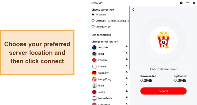 Screenshot showing the Getflix VPN connection screen
