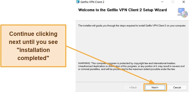 Screenshot of the installation process for Getflix VPN using the setup wizard