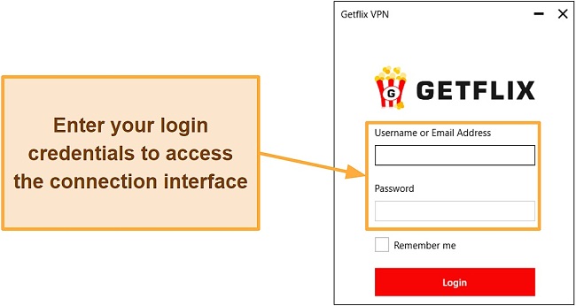 Screenshot of the Getflix VPN login page