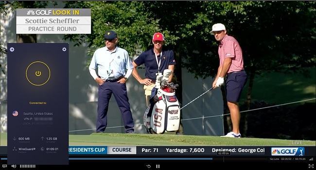 Screenshot of NBC Golf streaming with CyberGhost connected