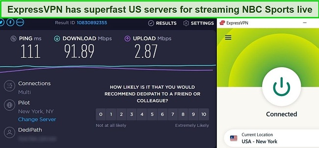 Screenshot of ExpressVPN US server speed test result
