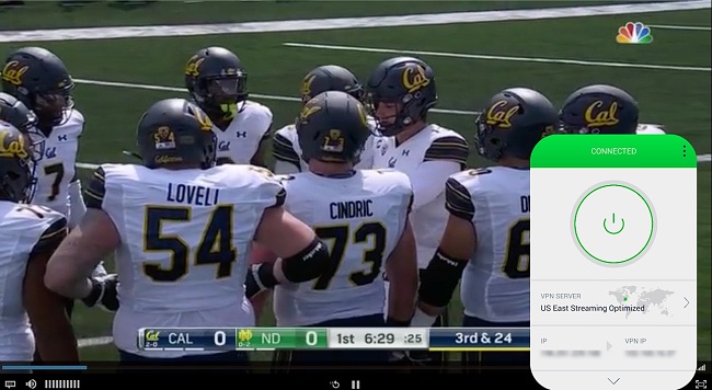 Screenshot of NBC Sports streaming with PIA connected