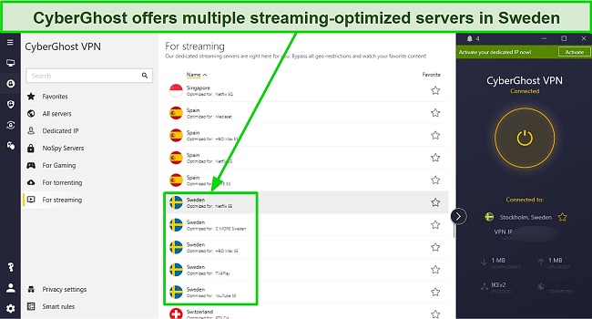 Screenshot showing CyberGhost's streaming-optimized servers in Sweden