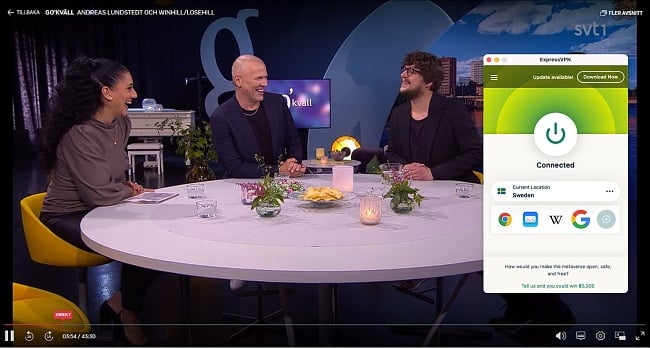 Screenshot of Go'kväll playing on SVT Play while ExpressVPN is connected to a server in Sweden