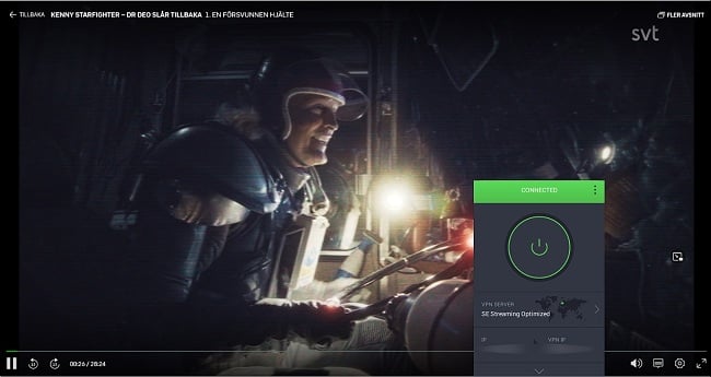 Skärmdump av Kenny Starfighter som spelar på SVT Play medan Private Internet Access är ansluten till en streamingoptimerad server i Sverige