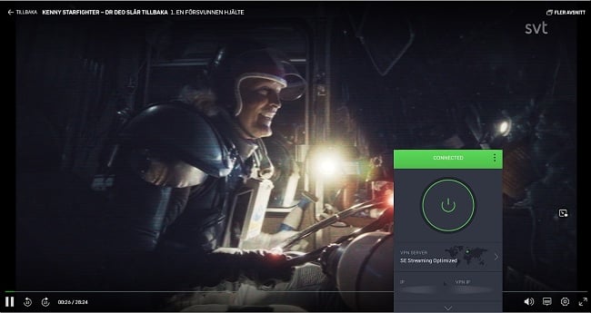 Screenshot of Kenny Starfighter playing on SVT Play while Private Internet Access is connected to a streaming-optimized server in Sweden