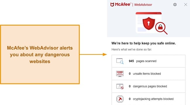 Screenshot of McAfee's WebAdvisor scanning history