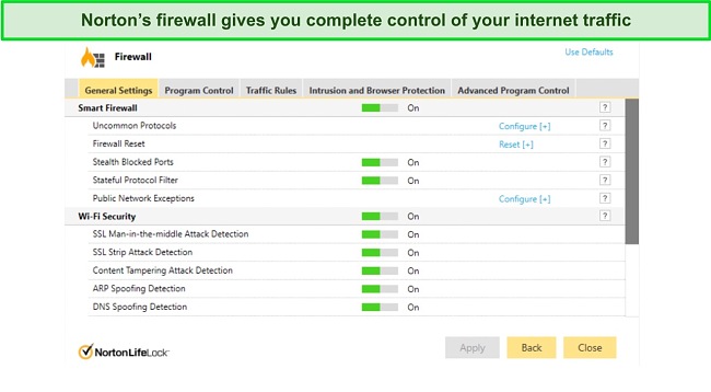 Screenshot of Norton's firewall dashboard