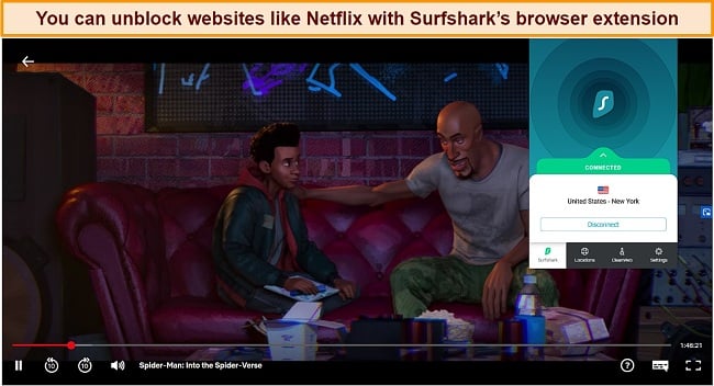 Screenshot of Surfshark's browser extension connected to the US while playing Spider-Man: Into the Spider-Verse on Netflix US