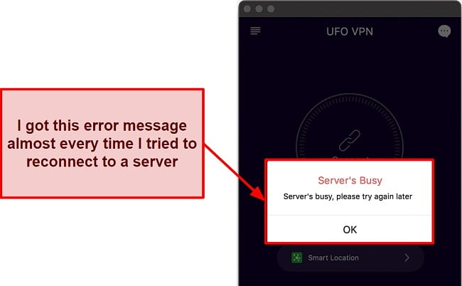 Screenshot of UFO VPN's connection error