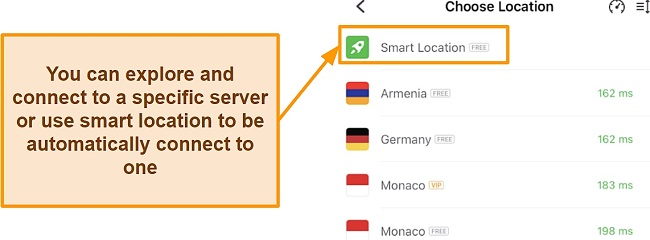Screenshot of the server selection interface for UFO VPN
