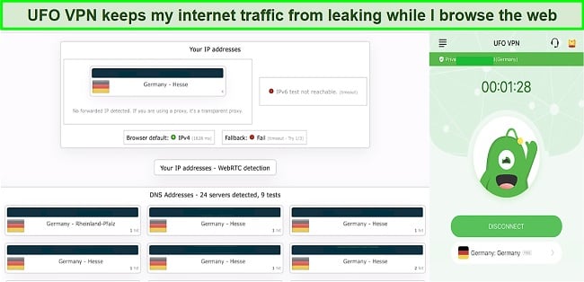 Screenshot of a successful IP/DNS leak test while connected to a UFO VPN server in Germany