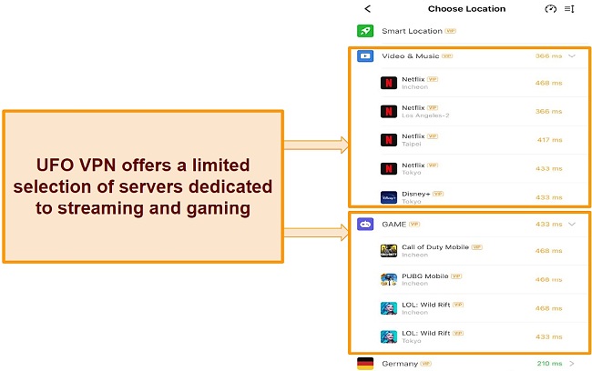 Screenshot of UFO VPN's streaming and gaming server list