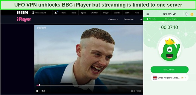 BBC iPlayer streaming The Young Offenders while UFO VPN is connected to the BBC iPlayer streaming server in London