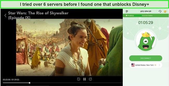 Disney Plus playing Star Wars: The Rise of Skywalker while connected to a server in the US