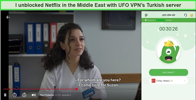 Netflix playing a Turkish TV show whil UFO VPN is connected to its server in Turkey