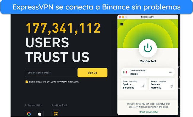 Imagen de la página web global de Binance junto a la aplicación de ExpressVPN