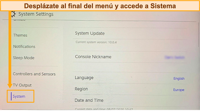 Captura de pantalla del menú de configuración del sistema en Nintendo Switch