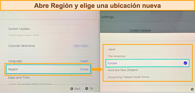 Captura de pantalla de las opciones de selección de región de Nintendo Switch