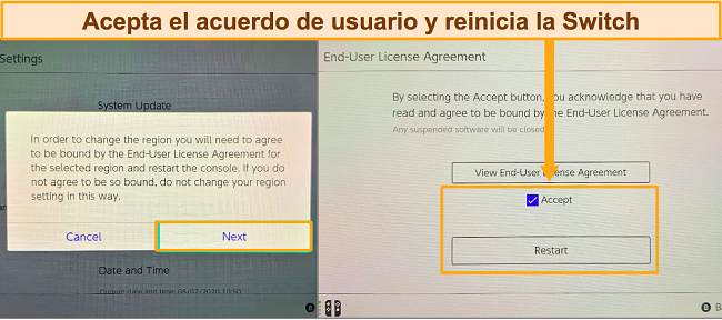 Captura de pantalla del EULA para el cambio de región de Nintendo Switch