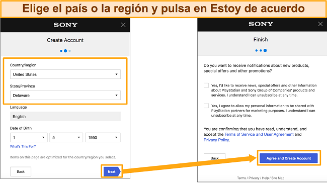 Captura de pantalla de cómo configurar una nueva dirección para agregar una cuenta de Sony Entertainment Network