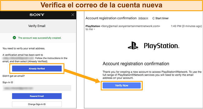 Captura de pantalla de cómo configurar una nueva cuenta de Sony Entertainment Network para verificar la dirección de correo electrónico