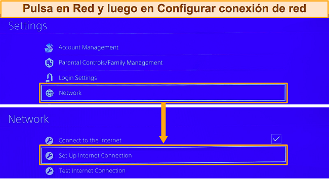 Captura de pantalla de cómo navegar a la configuración de conexión a Internet de PlayStation