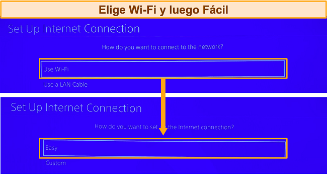 Captura de pantalla que muestra las opciones de configuración de PlayStation para la conexión a Internet