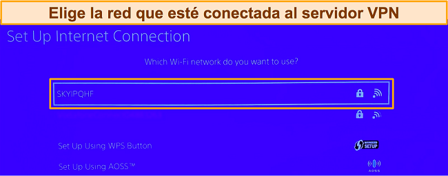 Captura de pantalla de la pantalla de configuración de PlayStation y elección de la conexión de red Wi-Fi