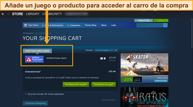 Captura de pantalla del tablero de Steam con resaltado alrededor de un juego agregado recientemente al carrito