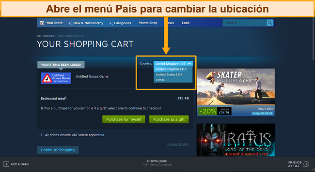 Captura de pantalla de la tarjeta de compras de Steam con el menú desplegable de países resaltado