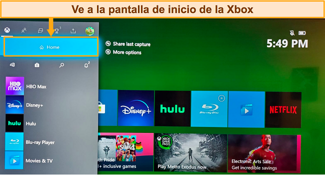 Captura de pantalla de acceso a la pantalla de inicio de xbox